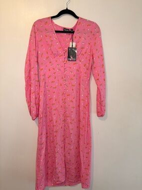PIECES Pink Floral Button Front Midi Dress Long Sleeve BNWT Size S